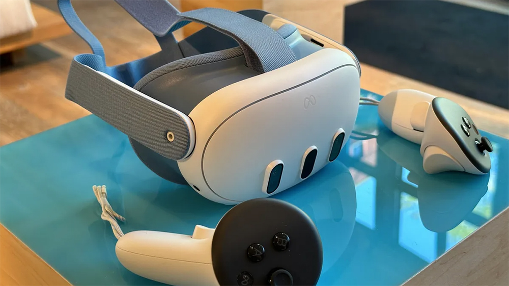 Oculus headset sitting on table.